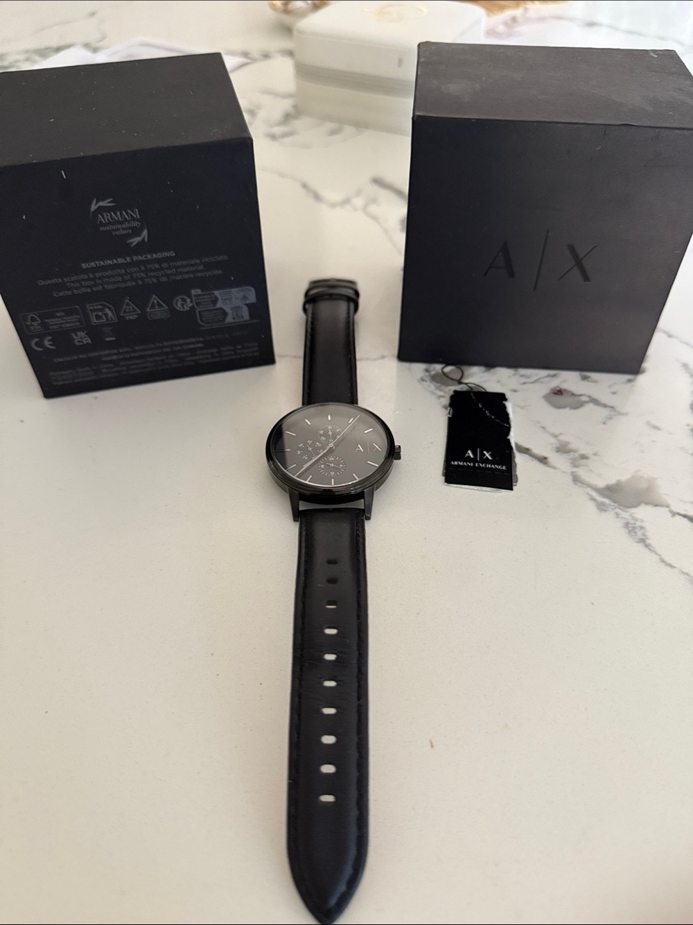 Armani Exchange Black Dial Black Leather Strap Men's Watch